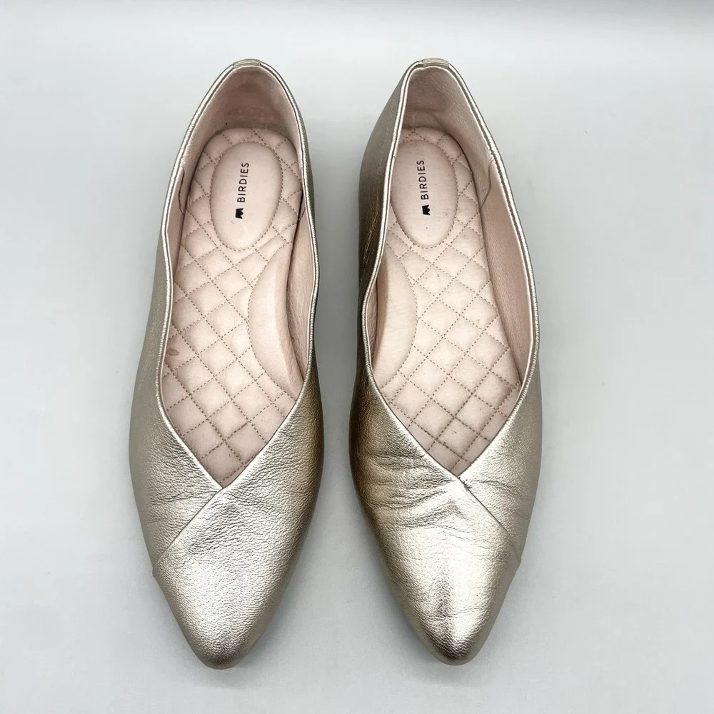 Birdies Womens 9 Goldfinch Ballet Flats Shoe Champagne Metallic Leather Cocktail